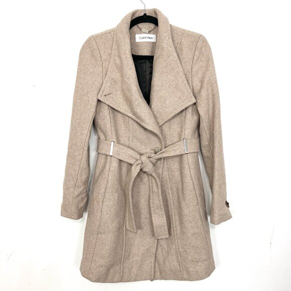 Calvin Klein Wool Blend Belted Trench Coat XXS Oatmeal Tan Single Button - Picture 3 of 14